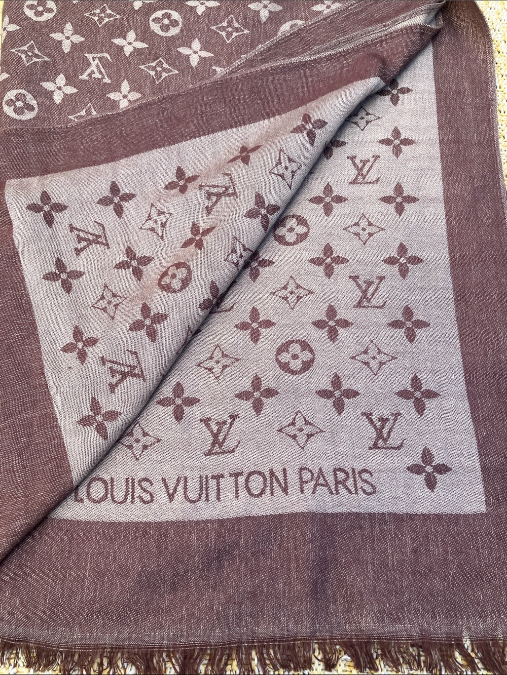 Louis Vuitton Paris LV Monogram Brown & Tan Reversible Fringed Scarf Wrap